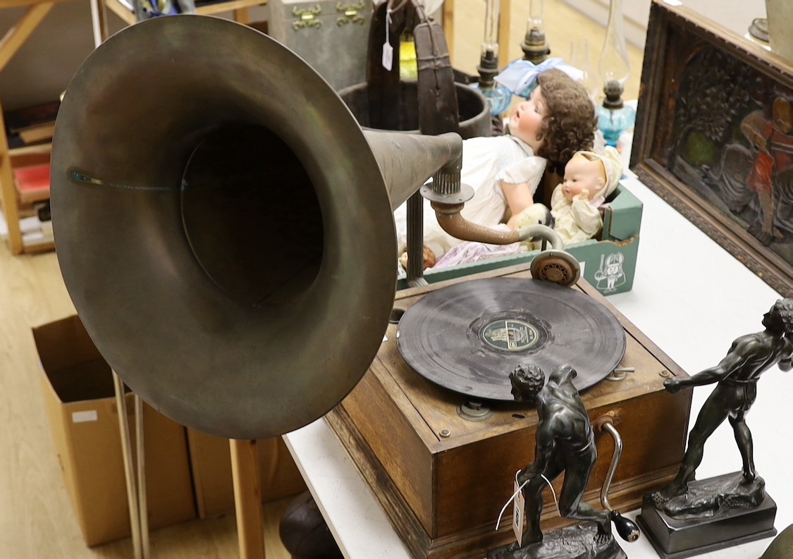 A table top gramophone with horn